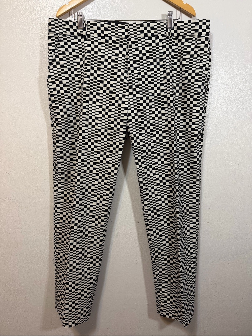 Mr Turk Men's Black/White Check Geometric Slim Tapered Twill Pants 38x30 NEW